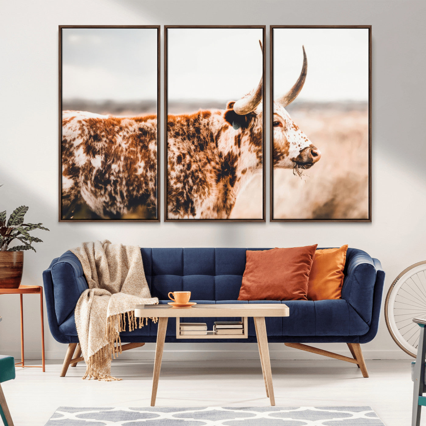 11528295-MGV-CV-36X24-Speckled Longhorn Wall Art Canvas Print, Framed Texas Cattle Art Picture Print, Horned Cow Perfect Rustic Western Decor Artwork