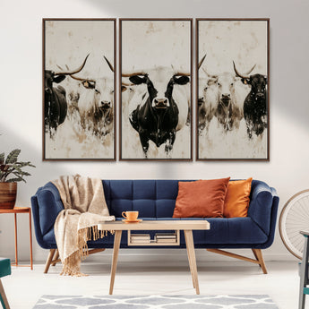 12027562-MGV-CV-36X24-Longhorn Cattle Wall Art Canvas Print, Framed Bison Herd Art Picture Print, Cattle Group Perfect Rustic Farmhouse Decor Artwork