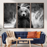MGV-FC-48X32-3P - Grizzly Bear Wall Art Canvas Print, Framed Black White Bear Art Picture Print, Wild Bear Perfect Rustic Wildlife Decor Artwork