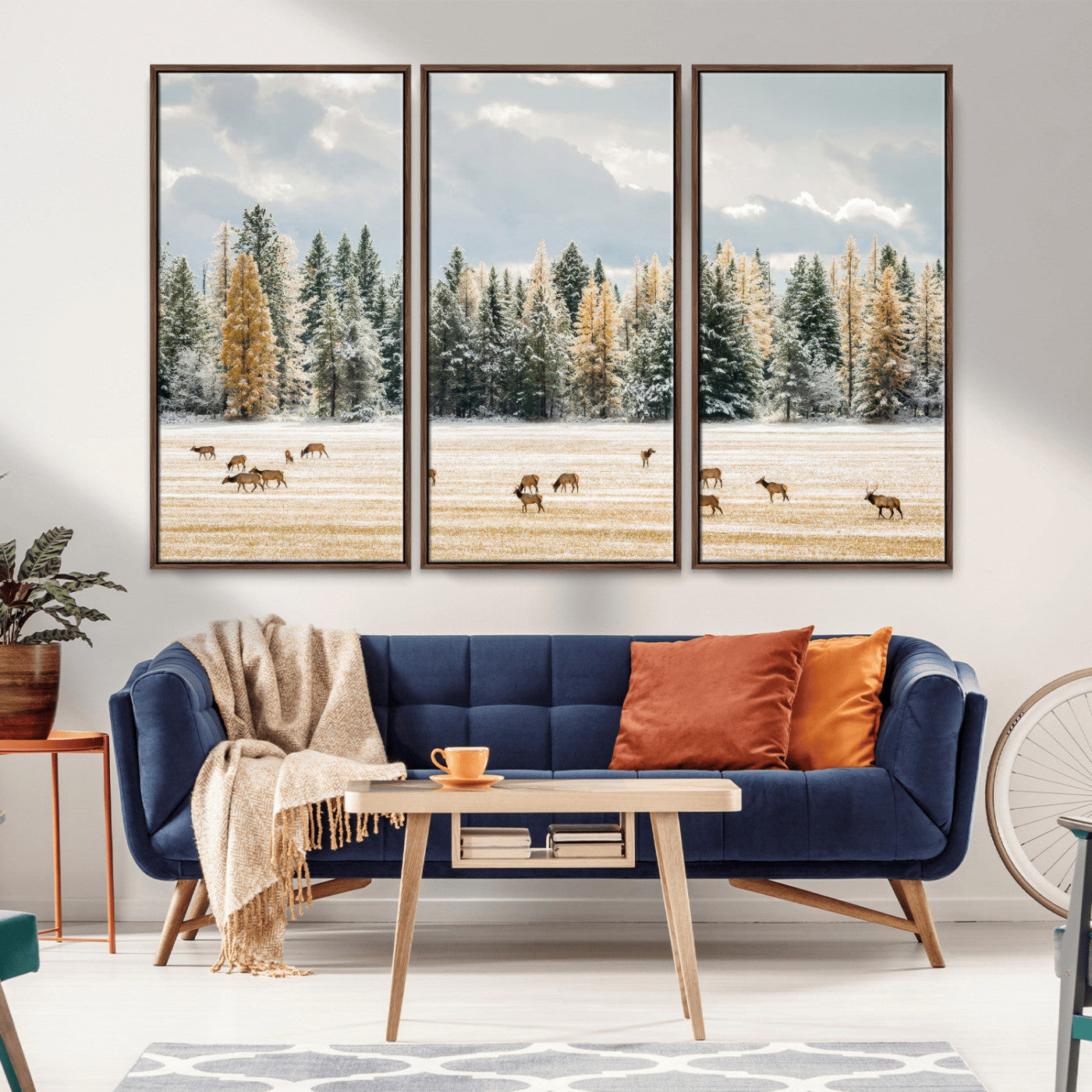 64188182-MGV-CV-36X24-Elk Herd Wall Art Canvas Print, Framed Snowy Forest Art Picture Print, Forest Elks Perfect Neutral Rustic Decor Artwork