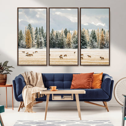 64188182-MGV-CV-36X24-Elk Herd Wall Art Canvas Print, Framed Snowy Forest Art Picture Print, Forest Elks Perfect Neutral Rustic Decor Artwork