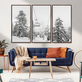 55003599-MGV-CV-36X24-Snowy Ski Lift Wall Art Canvas Print, Framed Winter Forest Art Picture Print, Ski lift Ride Perfect Winter Lodge Decor Artwork