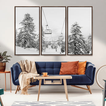 55003599-MGV-CV-36X24-Snowy Ski Lift Wall Art Canvas Print, Framed Winter Forest Art Picture Print, Ski lift Ride Perfect Winter Lodge Decor Artwork