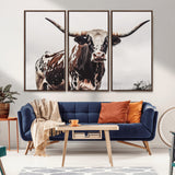 95249234-MGV-CV-36X24-Texas Longhorn Wall Art Canvas Print, Framed Spotted Bull Art Picture Print, Horned Cattle Perfect Rustic Farmhouse Decor Artwork