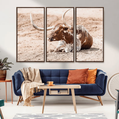 91248682-MGV-CV-36X24-Texas Longhorn Wall Art Canvas Print, Framed Resting Bull Art Picture Print, Spotted Cattle Perfect Rustic Western Decor Artwork