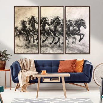 56089591-MGV-FC-48X32-3P_Walnut-Galloping Horses Wall Art Canvas Print, Framed Wild Stallions Art Picture Print, Horse Herd Sketch Perfect Monochrome Dynamic