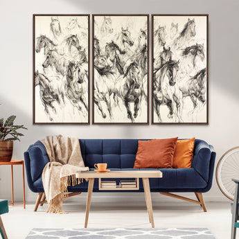 19433417-MGV-CV-36X24-Running Horses Wall Art Canvas Print, Framed Horse Sketch Art Picture Print, Galloping Herd Perfect Monochrome Western Decor