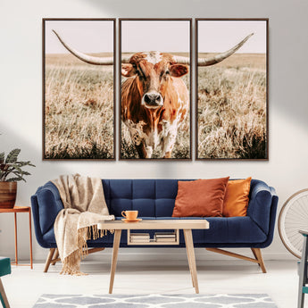 54986862-MGV-FC-48X32-3P_Walnut-Majestic Longhorn Wall Art – Canvas Print of Graceful Strength & Bold Spirit, Wild Plains Beauty Nature Inspired Rustic Decor for