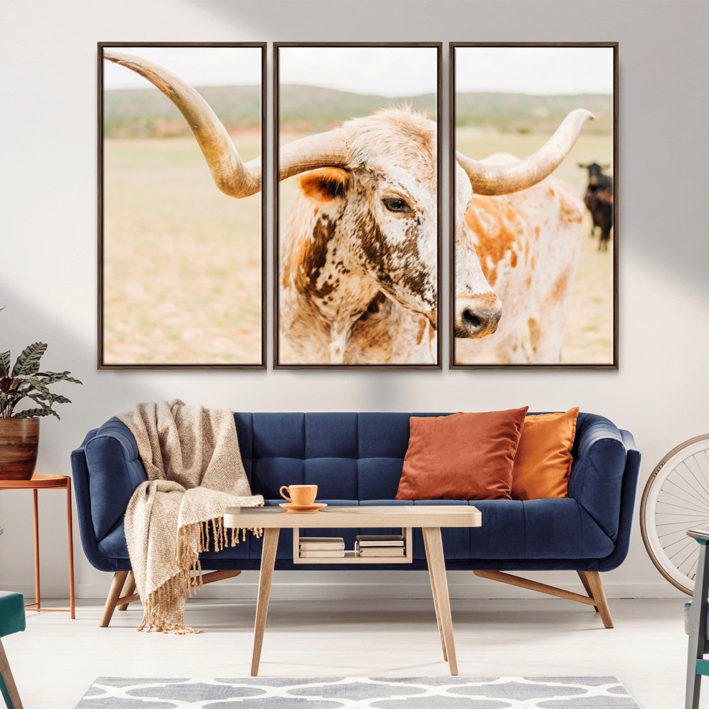 21060648-MGV-CV-36X24-Texas Longhorn Wall Art Canvas Print, Framed Speckled Cow Art Picture Print, Rustic Bull Perfect Rustic Western Decor Artwork