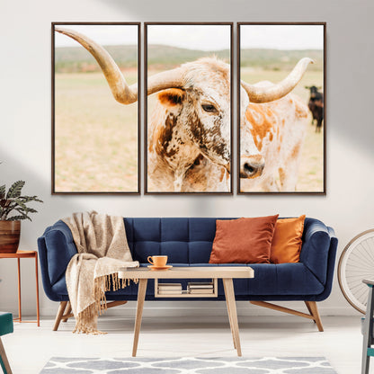 21060648-MGV-CV-36X24-Texas Longhorn Wall Art Canvas Print, Framed Speckled Cow Art Picture Print, Rustic Bull Perfect Rustic Western Decor Artwork