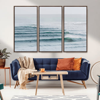 73969318-MGV-CV-36X24-Ocean Waves Wall Art Canvas Print, Framed Surfer Lineup Art Picture Print, Crowded Ocean Perfect Minimal Coastal Decor Artwork