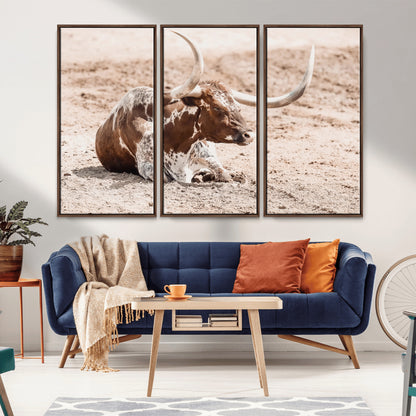 25407592-MGV-FC-48X32-3P_Walnut-Texas Longhorn Wall Art Canvas Print, Framed Resting Bull Art Picture Print, Spotted Cattle Perfect Rustic Western Decor Artwork