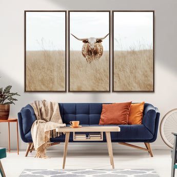 20927060-MGV-FC-48X32-3P_Walnut-Texas Longhorn Wall Art Canvas Print, Framed Lone Cattle Art Picture Print, Longhorn Bull Perfect Rustic Western Decor Artwork