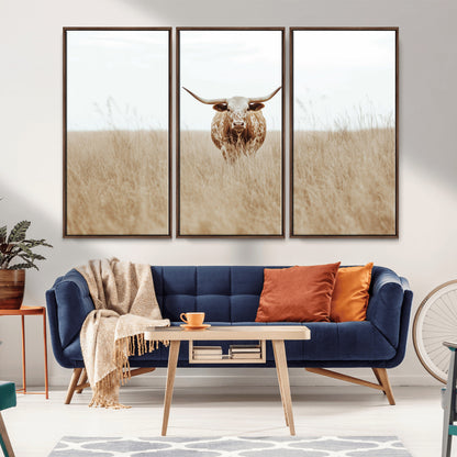 20927060-MGV-FC-48X32-3P_Walnut-Texas Longhorn Wall Art Canvas Print, Framed Lone Cattle Art Picture Print, Longhorn Bull Perfect Rustic Western Decor Artwork