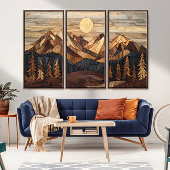 39116082-MGV-FC-48X32-3P_Walnut-Wood Mountain Landscape Wall Art Canvas Print, Framed Sunset Hills Art Picture Print, Abstract Nature Perfect Boho Decor Artwork