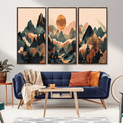 13012770-MGV-CV-36X24-Mountain Landscape Wall Art – Modern Nature Canvas Print with Sun, Misty Peaks, and Forest in Orange and Green Tones for Living