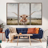 80054319-MGV-FC-48X32-3P_Walnut-Texas Longhorn Wall Art Canvas Print, Framed Western Cow Art Picture Print, Rustic Farmhouse Perfect Farmhouse Decor Artwork