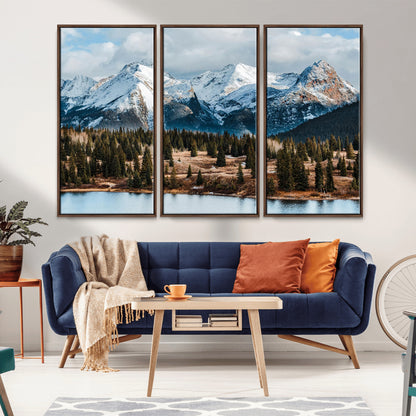 36247746-MGV-CV-36X24-Snowy Peaks Wall Art Canvas Print, Framed Alpine Lake Art Picture Print, Pine Forest Perfect Alpine Wilderness Decor Artwork