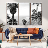 89458520-MGV-FC-48X32-3P_Walnut-Palm Trees Wall Art Canvas Print, Framed Coastal View Art Picture Print, Ocean Horizon Perfect Monochrome Coast Decor Artwork