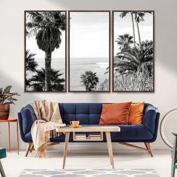 89458520-MGV-CV-36X24-Palm Trees Wall Art Canvas Print, Framed Coastal View Art Picture Print, Ocean Horizon Perfect Monochrome Coast Decor Artwork