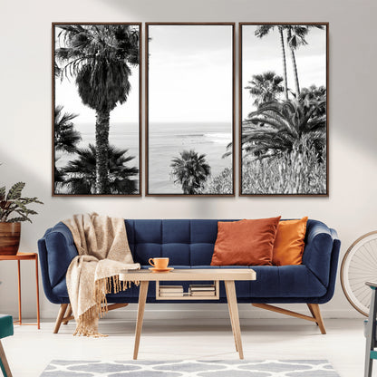 89458520-MGV-CV-36X24-Palm Trees Wall Art Canvas Print, Framed Coastal View Art Picture Print, Ocean Horizon Perfect Monochrome Coast Decor Artwork