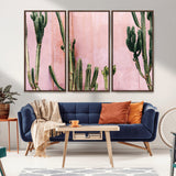 93119502-MGV-FC-48X32-3P_Walnut-Tall Cactus Wall Art Canvas Print, Framed Pink Wall Art Picture Print, Cactus Lines Perfect Modern Desert Decor Artwork