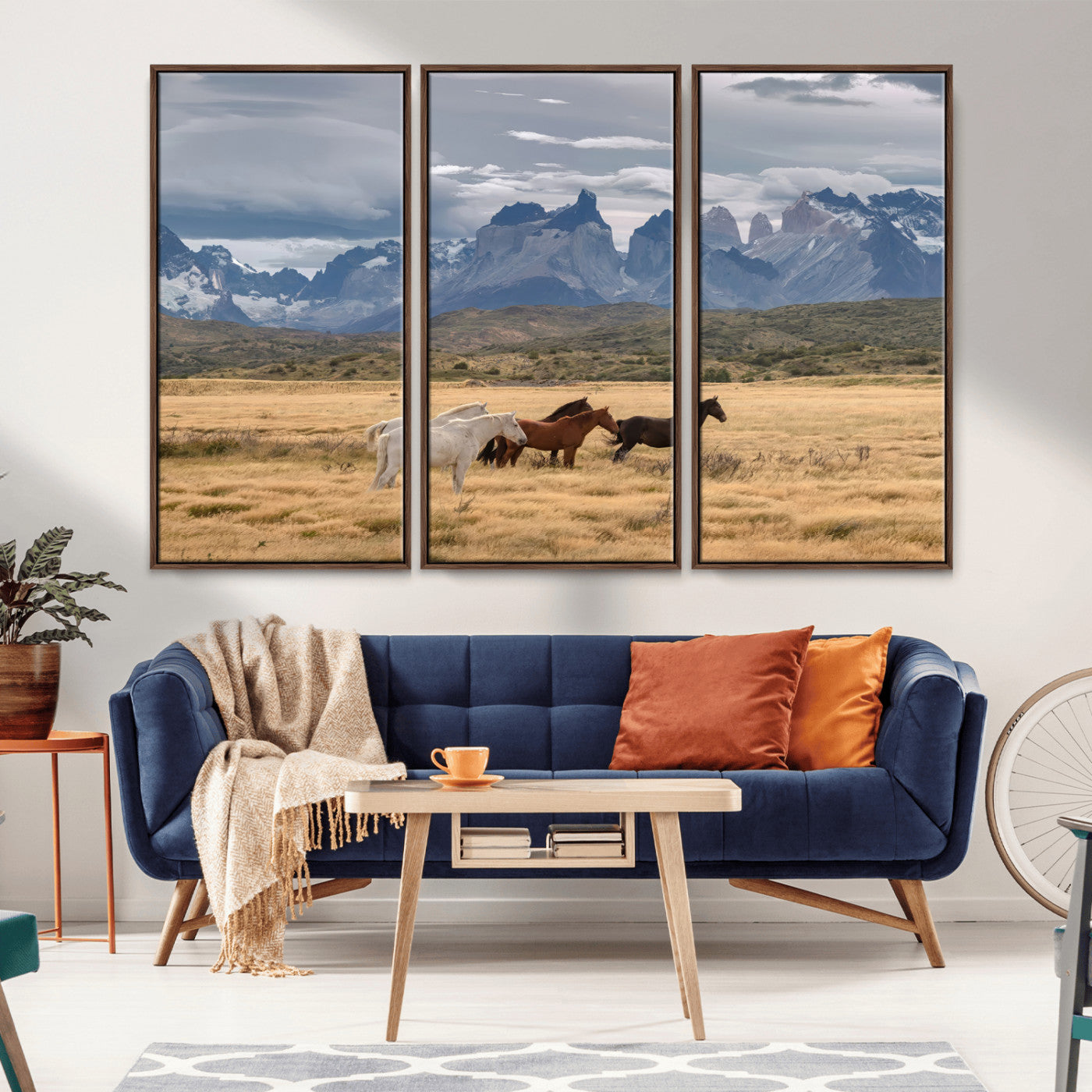69960232-MGV-CV-36X24-Wild Horses Wall Art Canvas Print, Framed Patagonian Peaks Art Picture Print, Torres del Paine Perfect Rustic Patagonian Decor