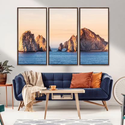 72996116-MGV-CV-36X24-El Arco Wall Art Canvas Print, Framed Cabo Rocks Art Picture Print, Ocean Arch Perfect Golden Coastal Landmark Decor Artwork