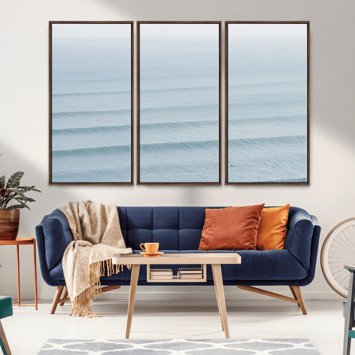 47814787-MGV-FC-48X32-3P_Walnut-Ocean Waves Wall Art Canvas Print, Framed Solo Surfer Art Picture Print, Wave Lines Perfect Minimalist Ocean Decor Artwork