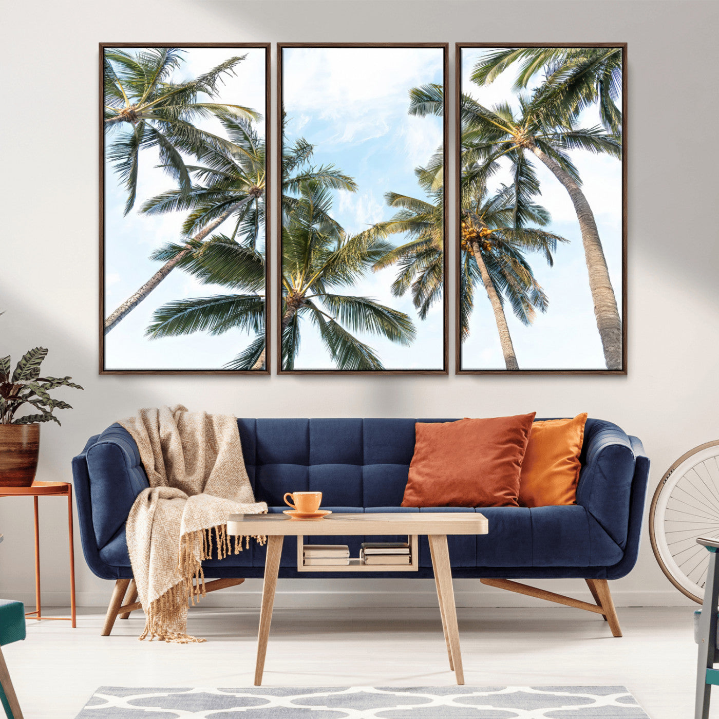 87247012-MGV-FC-48X32-3P_Walnut-Skyward Palm Trees Wall Art Canvas Print, Framed Tropical Sky Art Picture Print, Coconut Palm Perfect Tropical Skyview Decor