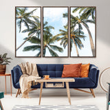 87247012-MGV-FC-48X32-3P_Walnut-Skyward Palm Trees Wall Art Canvas Print, Framed Tropical Sky Art Picture Print, Coconut Palm Perfect Tropical Skyview Decor