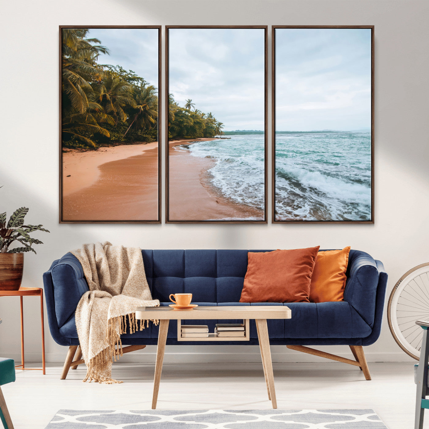 88125882-MGV-FC-48X32-3P_Walnut-Tropical Shoreline Wall Art Canvas Print, Framed Palm Trees Art Picture Print, Tropical Ocean Perfect Tropical Coastal Decor