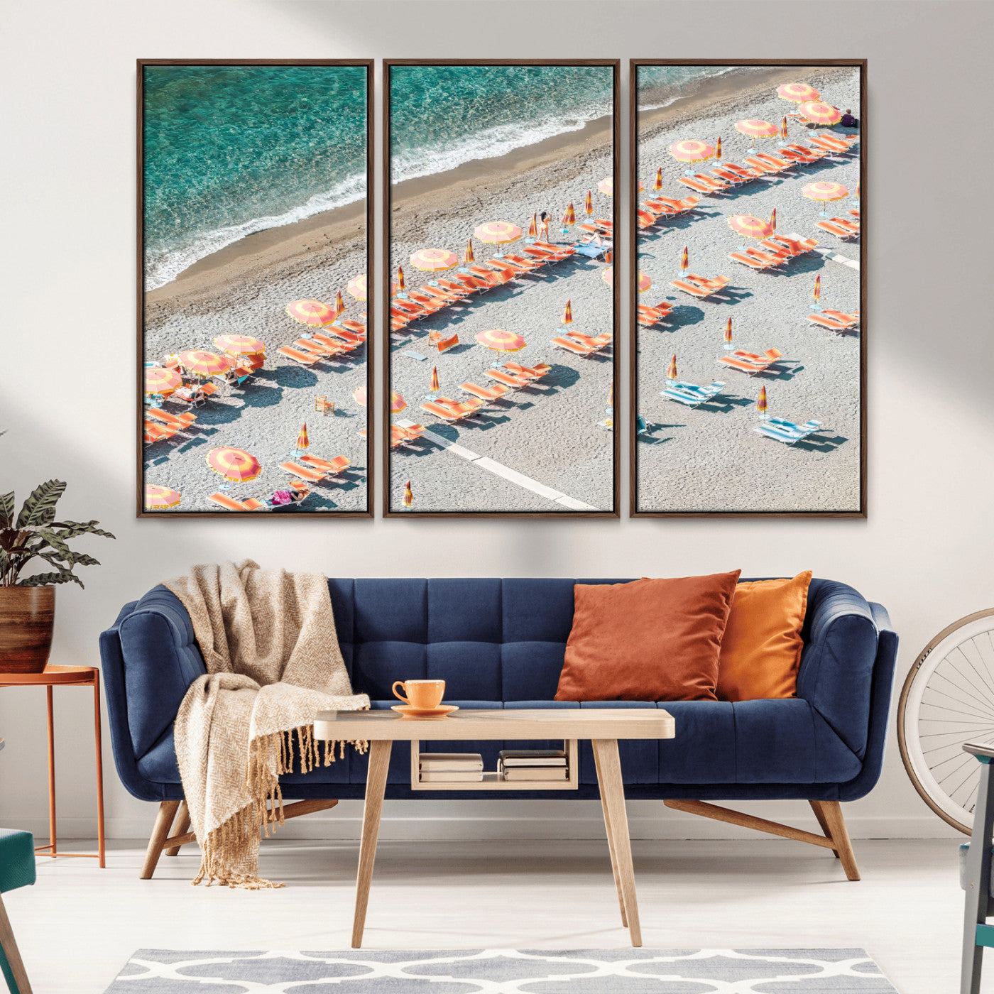 27805351-MGV-CV-36X24-Colorful Umbrellas Wall Art Canvas Print, Framed Sunny Beach Art Picture Print, Beach Lounges Perfect Mediterranean Retro Beach