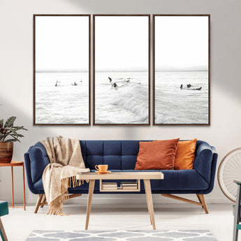 33449548-MGV-FC-48X32-3P_Walnut-Group Surfers Wall Art Canvas Print, Framed Ocean Wave Art Picture Print, Surf Crowd Perfect Monochrome Surf Decor Artwork