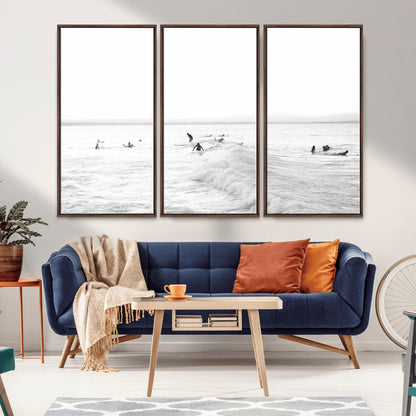 33449548-MGV-FC-48X32-3P_Walnut-Group Surfers Wall Art Canvas Print, Framed Ocean Wave Art Picture Print, Surf Crowd Perfect Monochrome Surf Decor Artwork