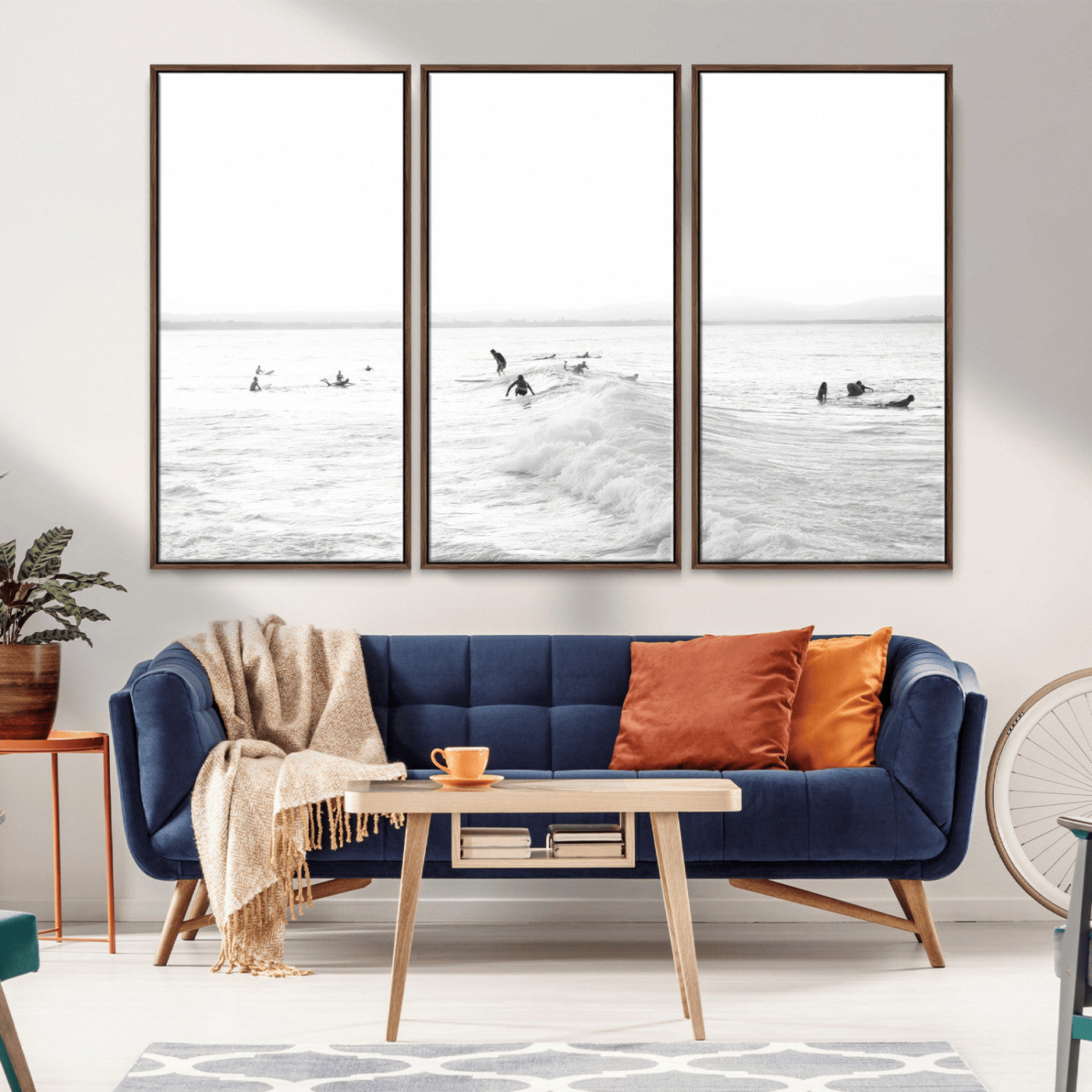 33449548-MGV-CV-36X24-Group Surfers Wall Art Canvas Print, Framed Ocean Wave Art Picture Print, Surf Crowd Perfect Monochrome Surf Decor Artwork