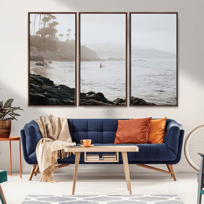 62501405-MGV-CV-36X24-Misty Beach Wall Art Canvas Print, Framed California Surfer Art Picture Print, Coastal Cliff Perfect Coastal Beach Decor Artwork