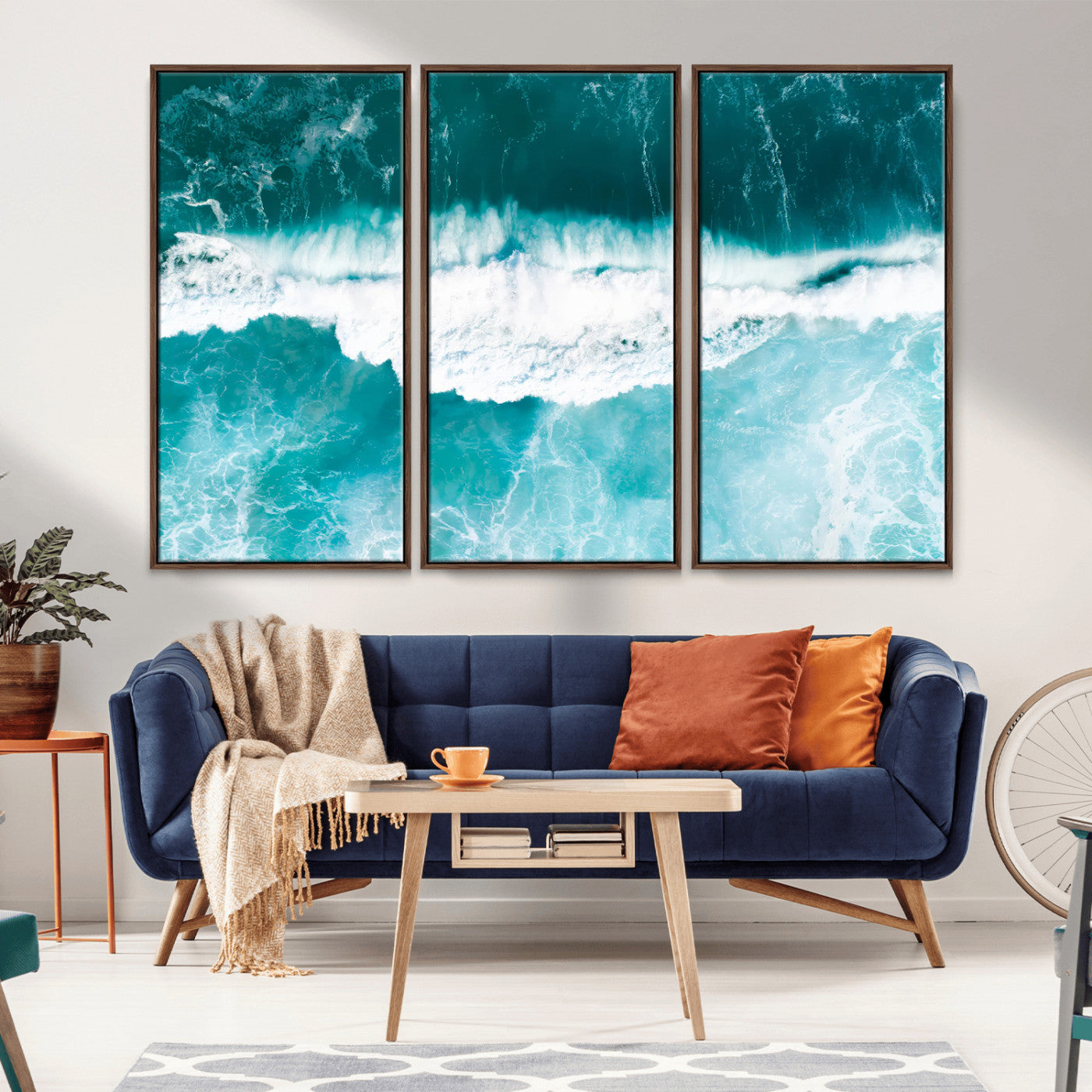 23828594-MGV-FC-48X32-3P_Walnut-Aerial Waves Wall Art Canvas Print, Framed Ocean Break Art Picture Print, Sea Foam Perfect Tropical Coastal Decor Artwork