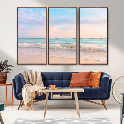 74679437-MGV-CV-36X24-Pastel Ocean Wall Art Canvas Print, Framed Beach Waves Art Picture Print, Soft Sunset Perfect Pastel Coastal Decor Artwork