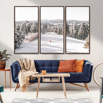 62119206-MGV-CV-36X24-Snowy Trail Wall Art Canvas Print, Framed Ski Slope Art Picture Print, Winter Pines Perfect Alpine Adventure Decor Artwork