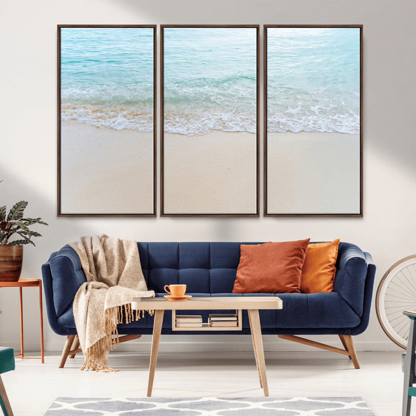 77194056-MGV-FC-48X32-3P_Walnut-Soft Shoreline Wall Art Canvas Print, Framed Gentle Waves Art Picture Print, Clear Water Perfect Minimalist Coastal Decor Artwork