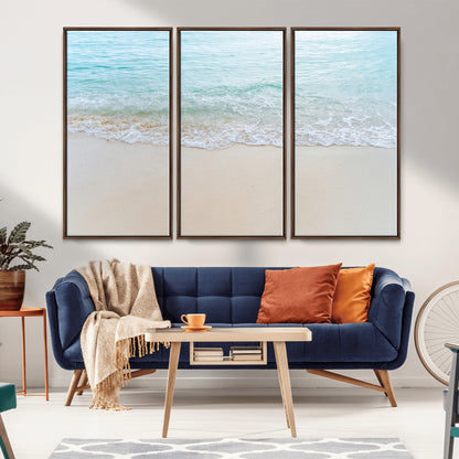 77194056-MGV-FC-48X32-3P_Walnut-Soft Shoreline Wall Art Canvas Print, Framed Gentle Waves Art Picture Print, Clear Water Perfect Minimalist Coastal Decor Artwork