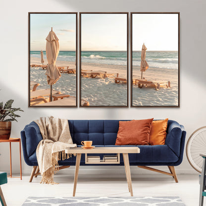 58507949-MGV-FC-48X32-3P_Walnut-Beach Umbrellas Wall Art Canvas Print, Framed Empty Loungers Art Picture Print, Soft Sand Perfect Minimalist Seaside Decor Artwork