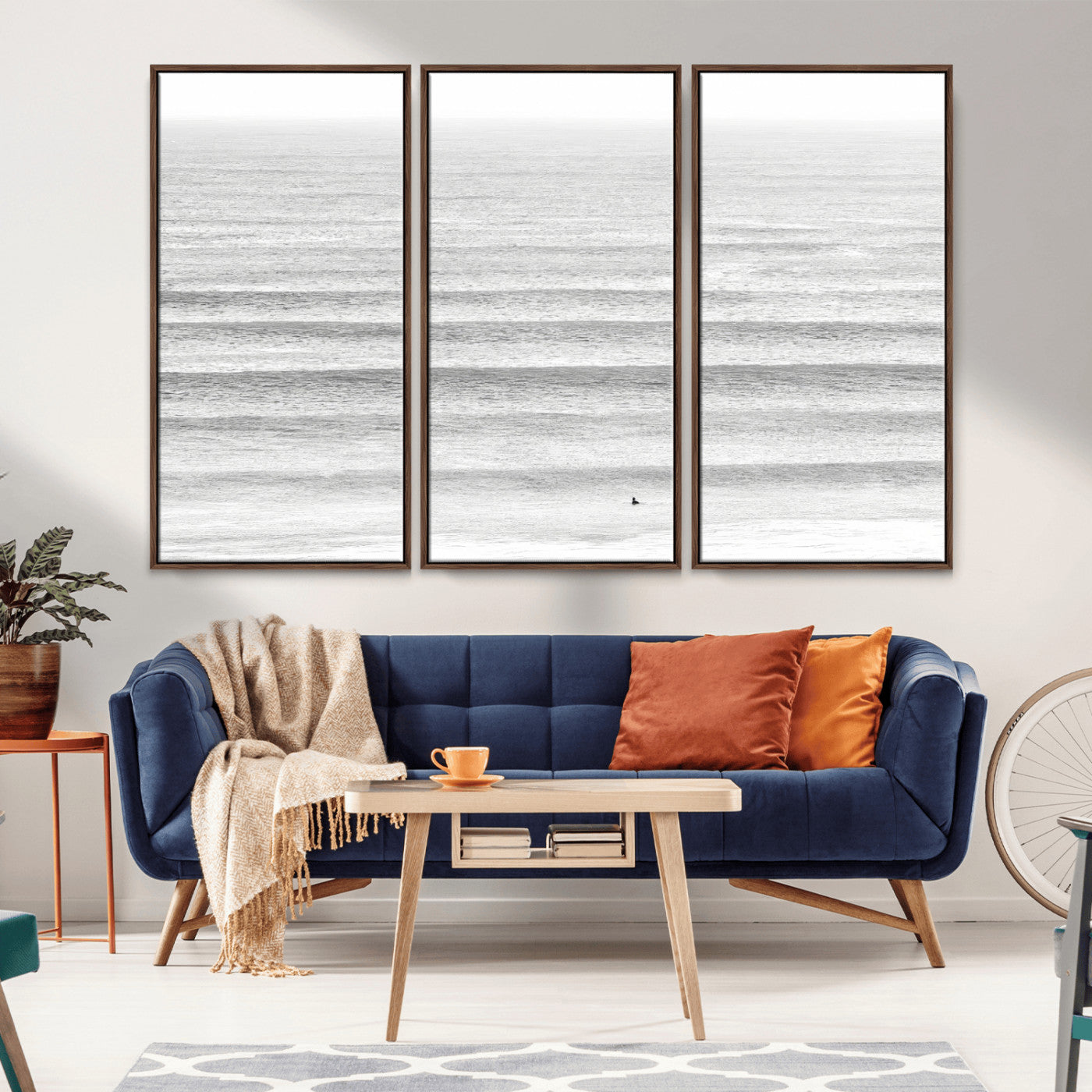 66534476-MGV-FC-48X32-3P_Walnut-Lone Surfer Wall Art Canvas Print, Framed Ocean Waves Art Picture Print, Minimal Sea Perfect Minimal Coastal Decor Artwork