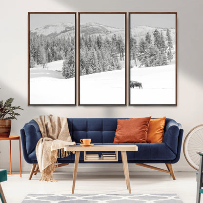 68081143-MGV-FC-48X32-3P_Walnut-Snowy Bison Wall Art Canvas Print, Framed Winter Forest Art Picture Print, Lone Bison Perfect Monochrome Winter Wild Decor Artwork