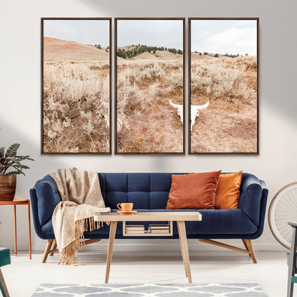 97234735-MGV-FC-48X32-3P_Walnut-Rustic Bones Wall Art Canvas Print, Framed Desert Sage Art Picture Print, Prairie Skull Perfect Minimal Rustic Decor Artwork