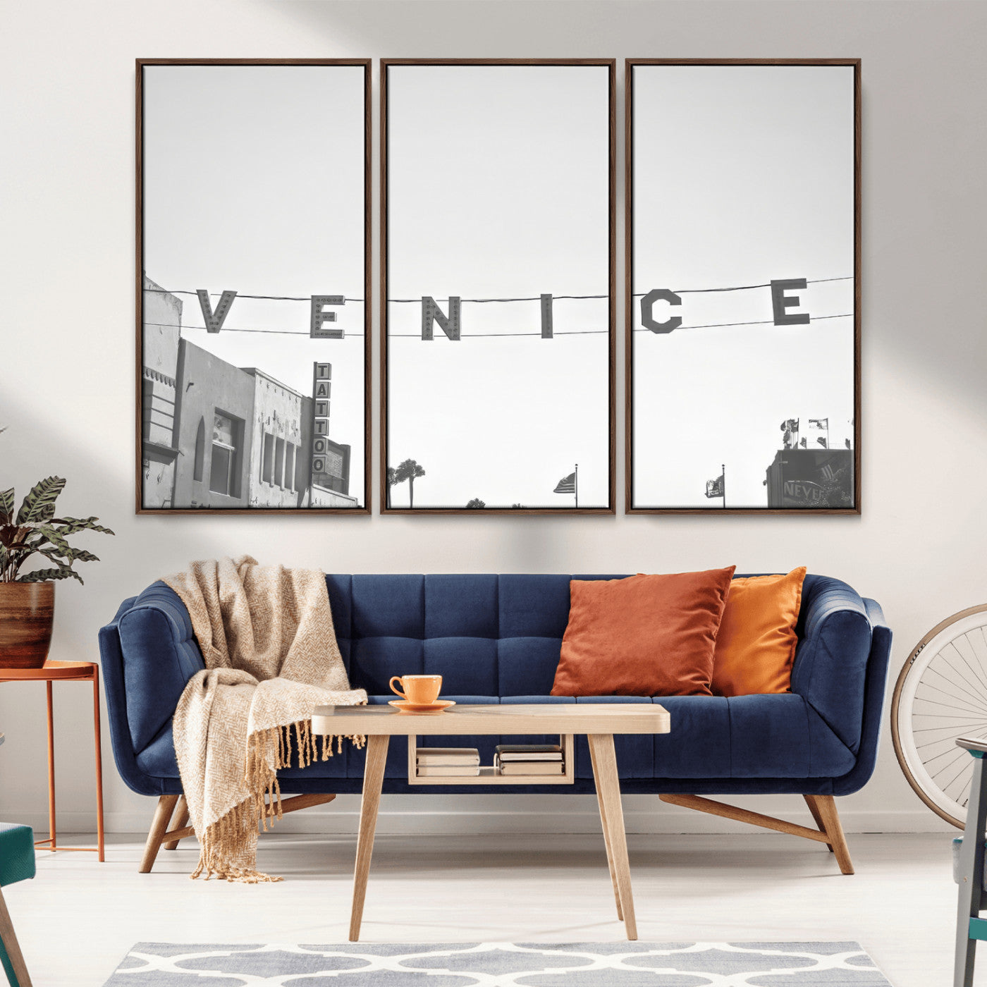 68254589-MGV-FC-48X32-3P_Walnut-Venice Sign Wall Art Canvas Print, Framed Venice Letters Art Picture Print, Los Angeles Perfect Minimalist Urban Decor Artwork