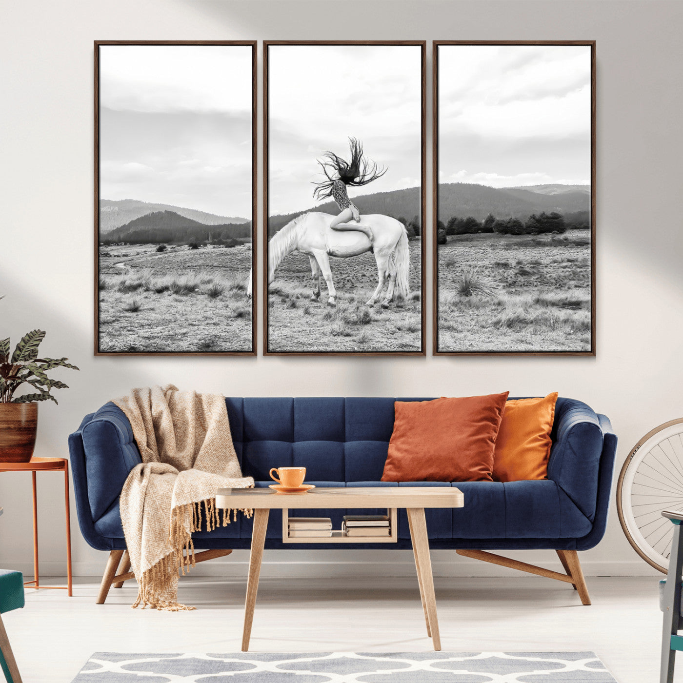 62789800-MGV-CV-36X24-White Horse Wall Art Canvas Print, Framed Woman Rider Art Picture Print, Equestrian Pose Perfect Western Boho Decor Artwork