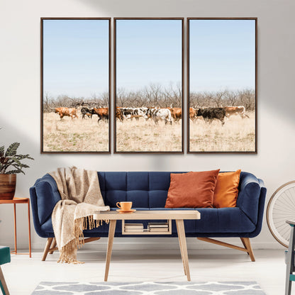 16563092-MGV-FC-48X32-3P_Walnut-Texas Longhorns Wall Art Canvas Print, Framed Western Cattles Art Picture Print, Rustic Herd Perfect Rustic Farmhouse Decor