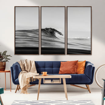 24029476-MGV-CV-36X24-Black Wave Wall Art Canvas Print, Framed Abstract Surf Art Picture Print, Minimalist Ocean Perfect Minimalist Coastal Decor